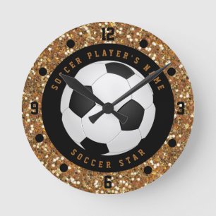Custom Faux Gold Glitter Soccer Ball Football Round Clock