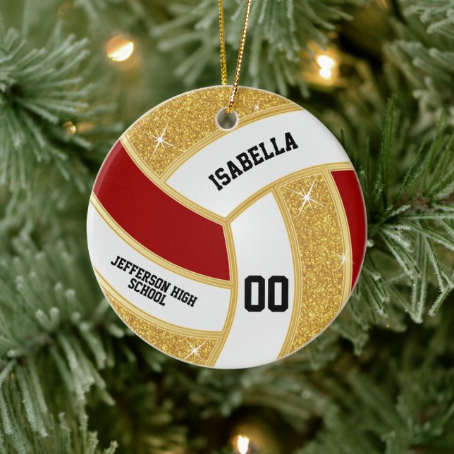 Custom Faux Gold Glitter, White & Red Volleyball Ceramic Ornament (Tree)