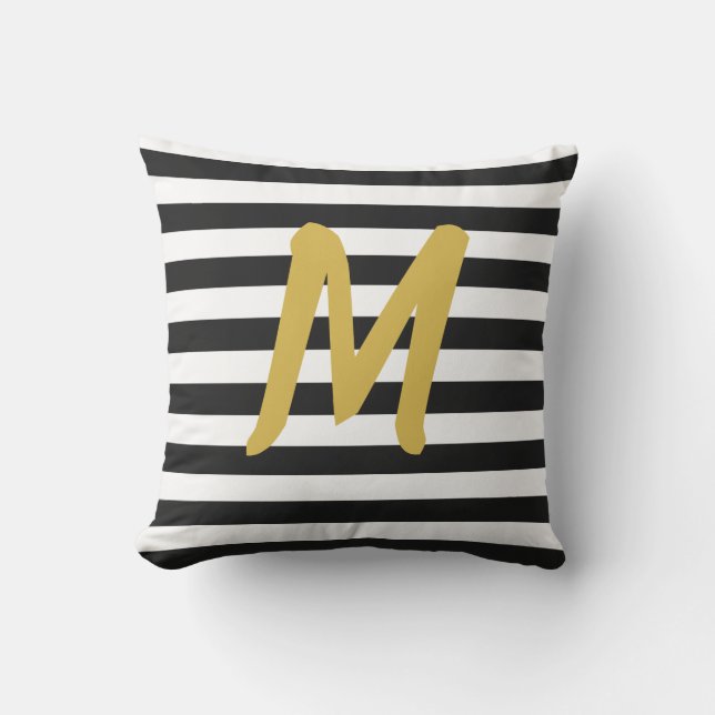 Custom Faux Gold Monogram on Black and White Outdoor Pillow (Front)
