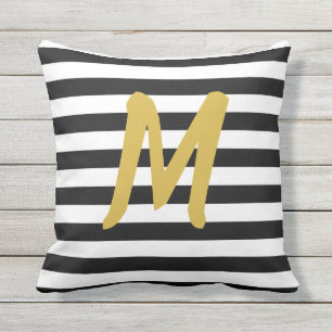Custom Faux Gold Monogram on Black and White Outdoor Pillow