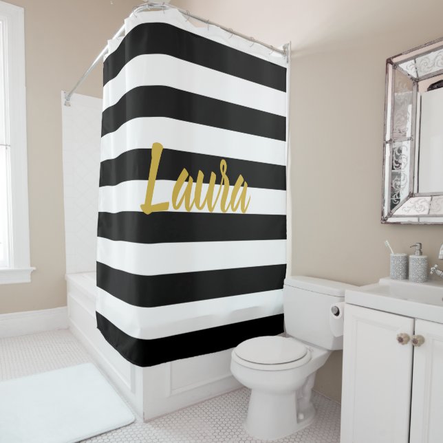 Custom Faux Gold Script | Black and White Stripes (In Situ)