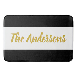 Custom Faux Gold Script on Black and White Bath Mat