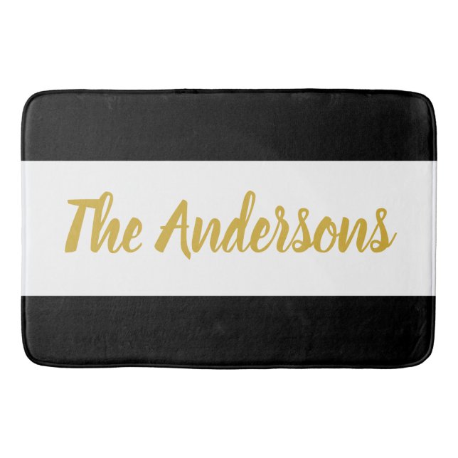 Custom Faux Gold Script on Black and White Bath Mat (Front)