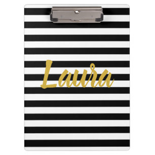 Custom Faux Gold Script on Black and White Stripes Clipboard