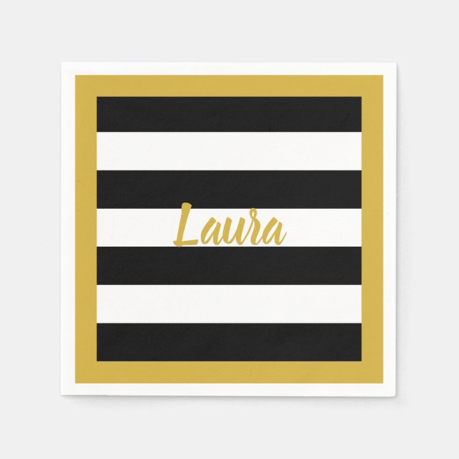 Custom Faux Gold Script on Black and White Stripes Napkin (Front)