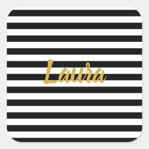 Custom Faux Gold Script on Black and White Stripes Square Sticker