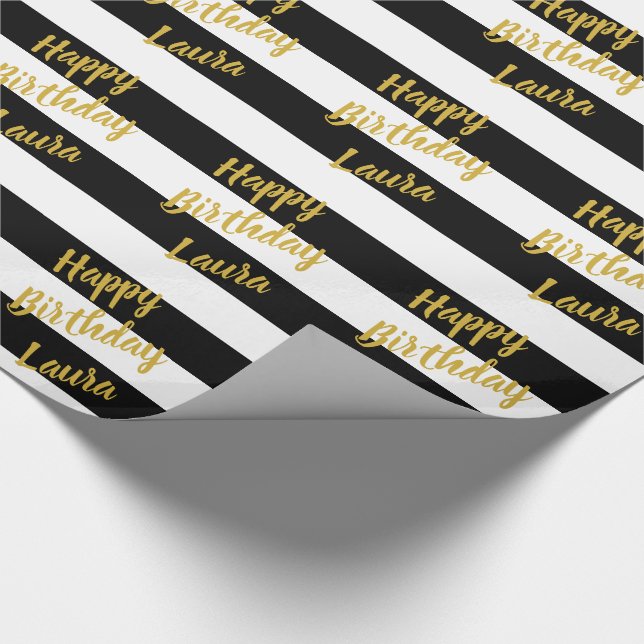 Custom Faux Gold Script on Black and White Stripes Wrapping Paper (Corner)