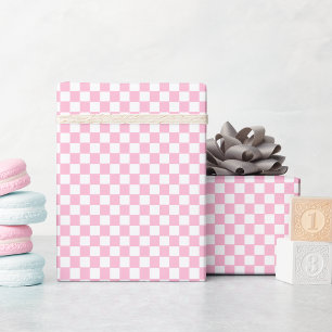 Custom Faux Gold Text Pink and White Chequered Wrapping Paper