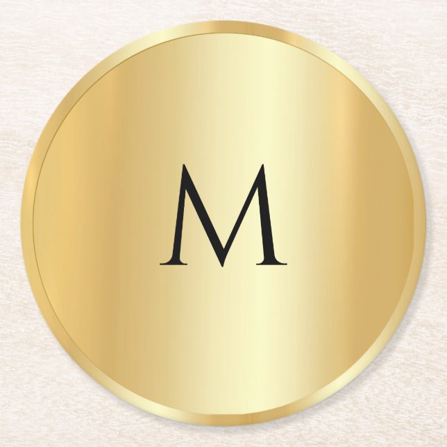 Custom Faux Gold Trendy Monogram Modern Template Round Paper Coaster (Front)