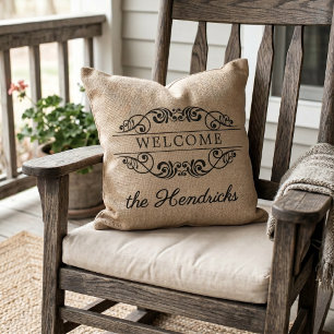 Custom Faux Jute Vintage Stylish Trendy Welcome Outdoor Pillow
