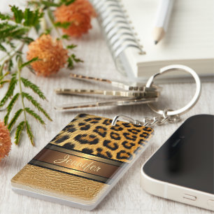 Custom Faux Leopard Skin Gold Leather Pattern Keychain