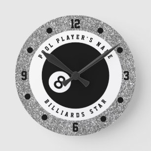 Custom Faux Silver Glitter Pool Billiards Round Clock