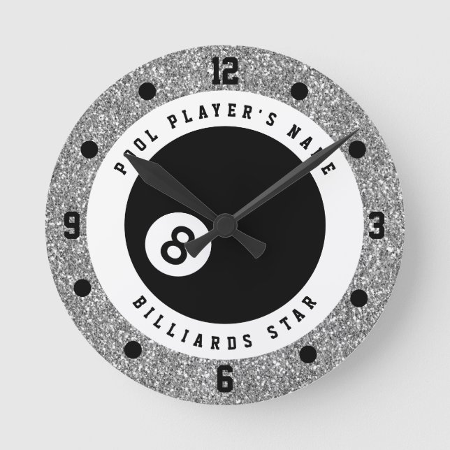 Custom Faux Silver Glitter Pool Billiards Round Clock (Front)