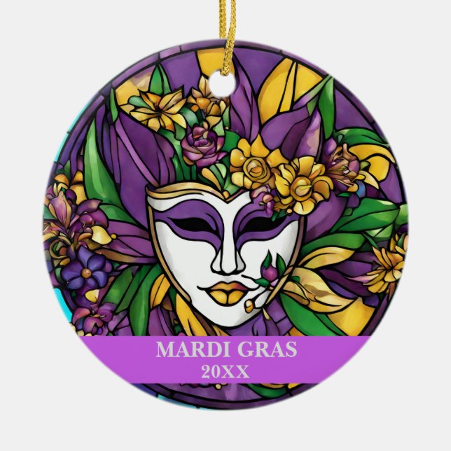 Custom Faux Stained Glass Mardi Gras Mask Ceramic Ornament (Front)
