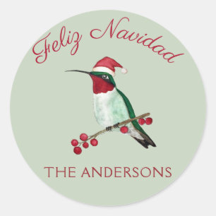 Custom Feliz Navidad Ruby-throated Hummingbird Classic Round Sticker