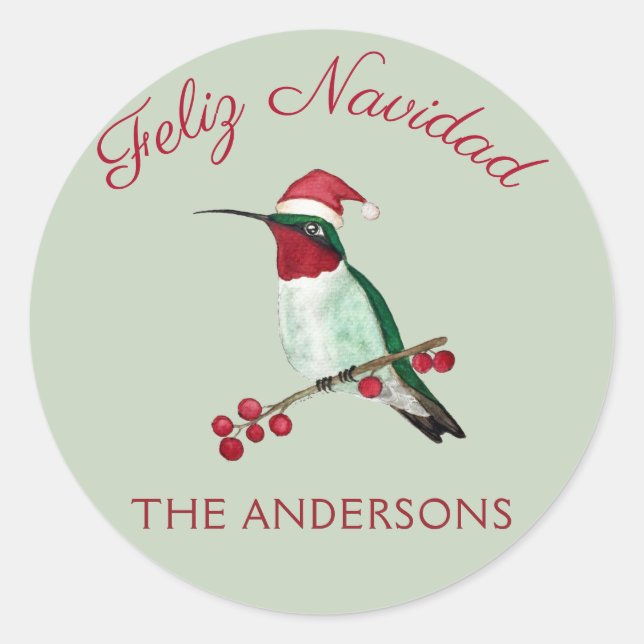 Custom Feliz Navidad Ruby-throated Hummingbird Classic Round Sticker (Front)