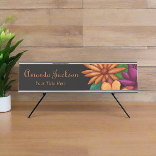 Custom Feminine Colourful Blooming Flowers Black  Desk Name Plate