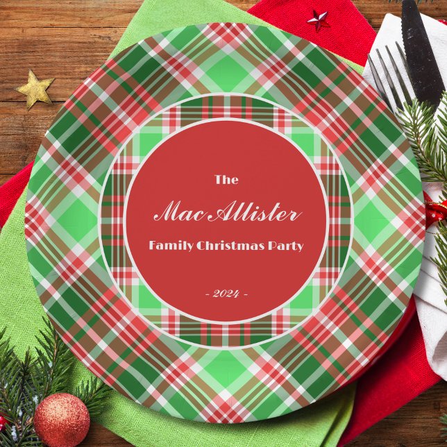 Custom Festive Classic Red Green Christmas Plaid  Paper Plate (Creator Uploaded)