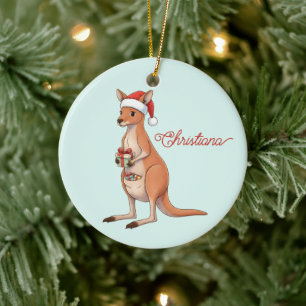 Custom Festive Kangaroo With Santa Hat Christmas Ceramic Ornament