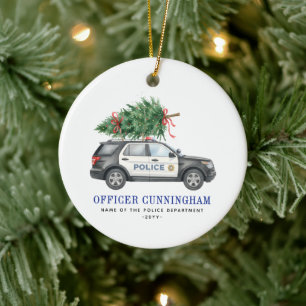 Custom Festive Police Officer Car Christmas Tree Ceramic Ornament