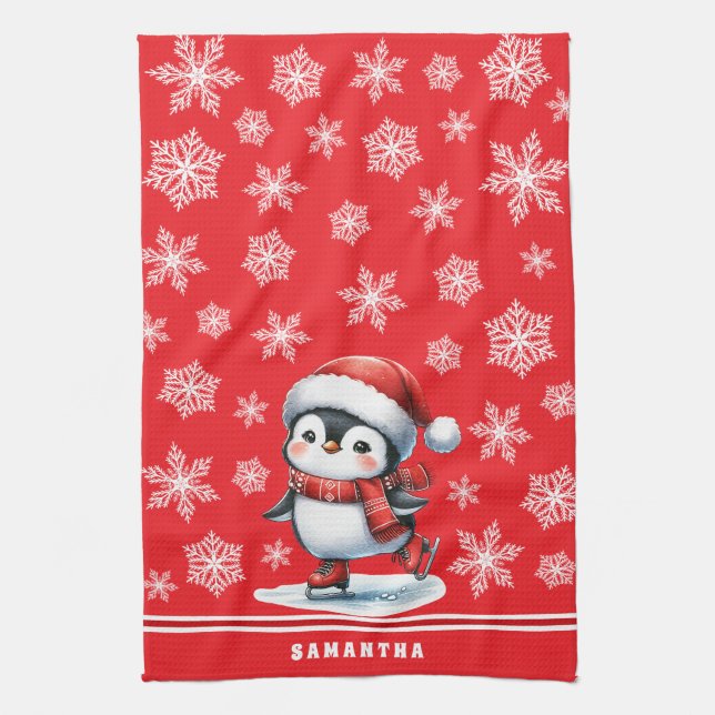 Custom Festive Red Penguin Ice Skater Christmas Kitchen Towel (Vertical)