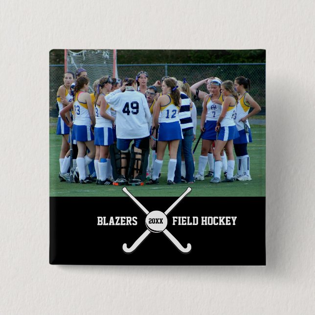 Custom Field Hockey Photo Collage Name Team Number 2 Inch Square Button (Front)