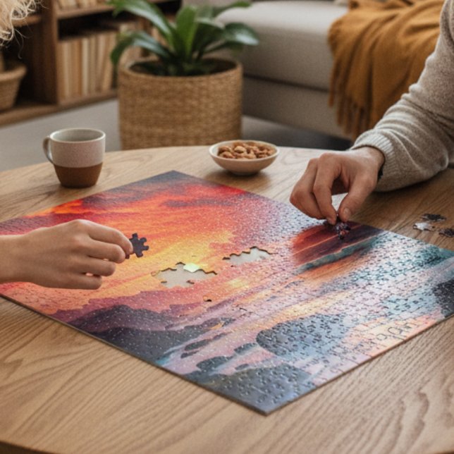 Custom Fiery Sunset Coastline – Ocean Cliffs Jigsaw Puzzle (Creator Uploaded)