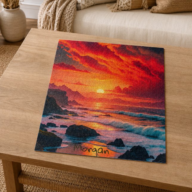 Custom Fiery Sunset Coastline – Ocean Cliffs Jigsaw Puzzle (Creator Uploaded)