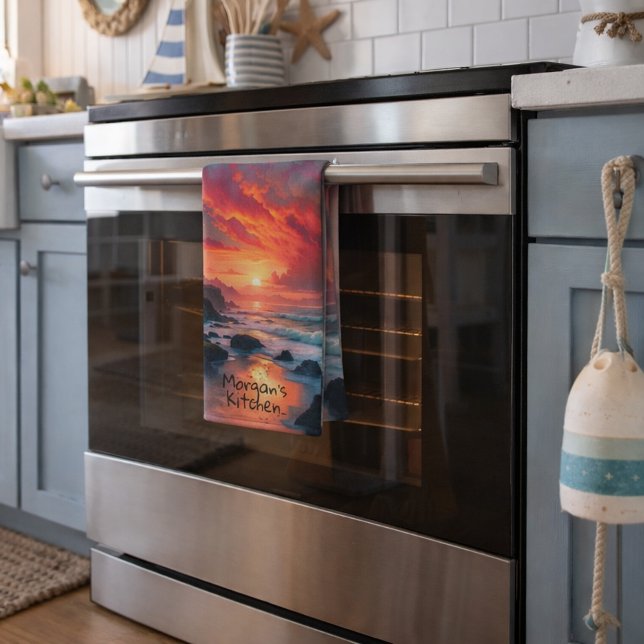 Custom Fiery Sunset Coastline – Ocean Cliffs Kitchen Towel (Creator Uploaded)
