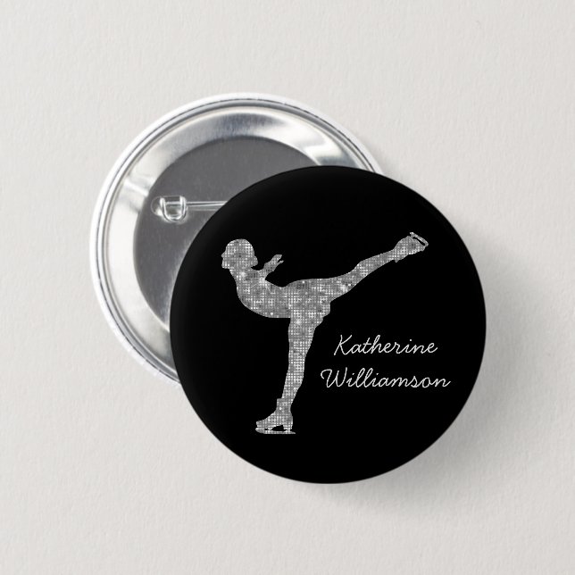 Custom Figure Skating Ice Skating Silver Shimmer 2 Inch Round Button (Front & Back)