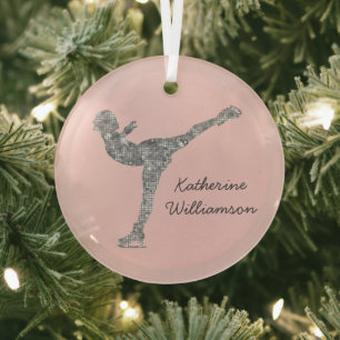 Custom Figure Skating Ice Skating Silver Shimmer Glass Ornament