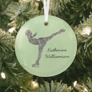 Custom Figure Skating Ice Skating Silver Shimmer Glass Ornament