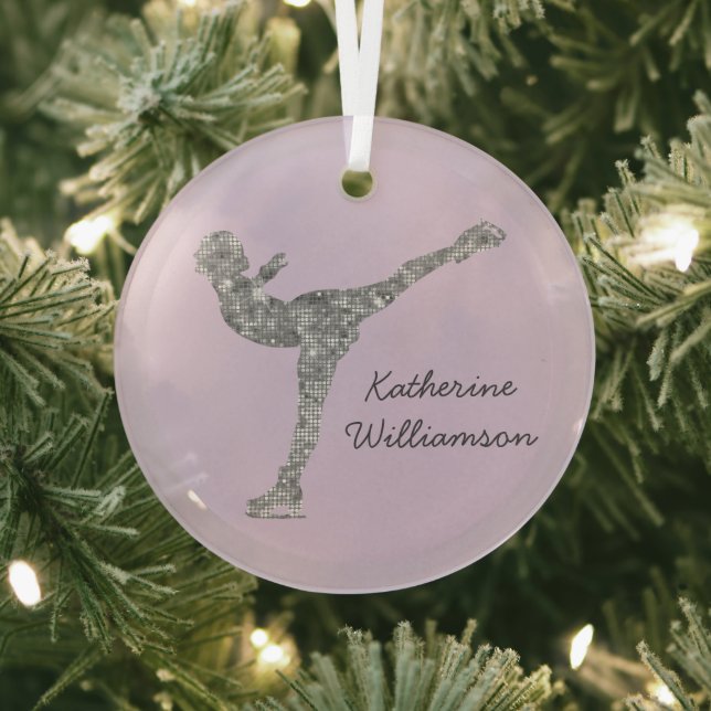 Custom Figure Skating Ice Skating Silver Shimmer Glass Ornament (Insitu)