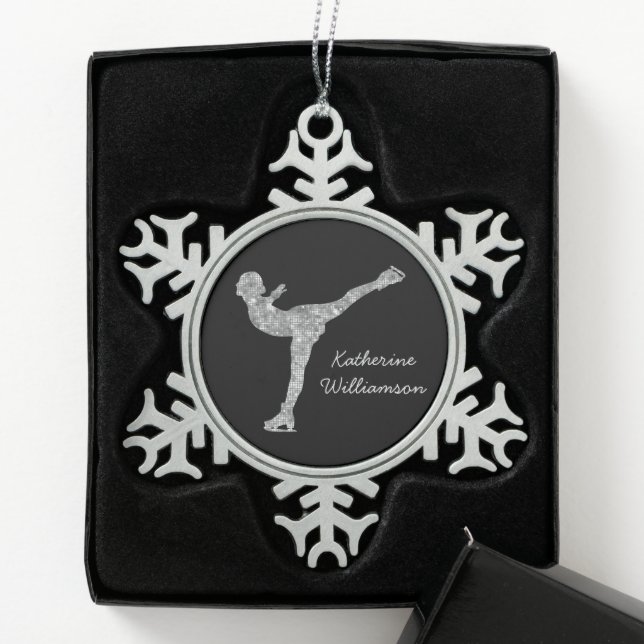 Custom Figure Skating Ice Skating Silver Shimmer Snowflake Pewter Christmas Ornament (Box)