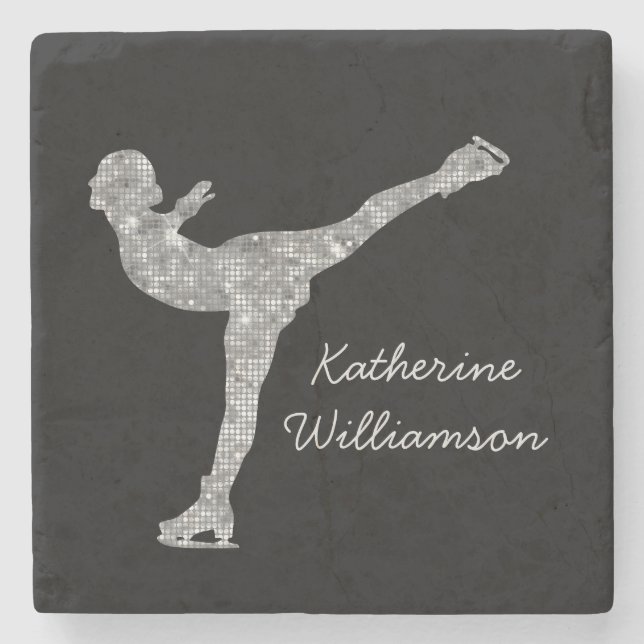 Custom Figure Skating Ice Skating Silver Shimmer Stone Coaster (Front)