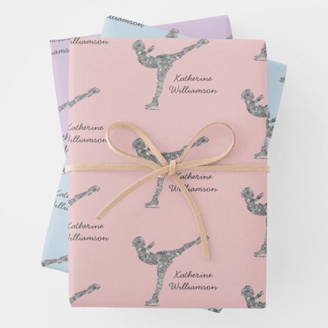 Custom Figure Skating Ice Skating Silver Shimmer Wrapping Paper Sheet (In situ)