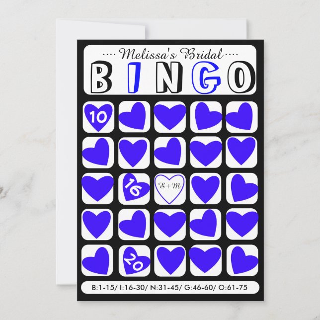Custom fill it in bridal bingo blue game card (Front)