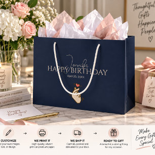 Custom Finger Heart Shape Happy Birthday Navy Blue Large Gift Bag