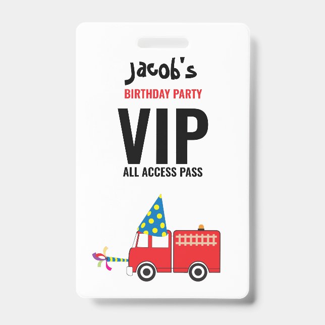 Custom Fire Truck Birthday Party Pass Favour  Badge (Front)