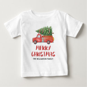 Custom Firefighter Family Christmas Red Fire Truck Baby T-Shirt