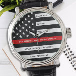 Custom Firefighter Fire Service Fireman Retirement Watch<br><div class="desc">Celebrate and show your appreciation to an outstanding Firefighter with this Thin Red Line Retirement or Anniversary Firefighter Watch - American flag design in Firefighter Flag colours in a modern black an red design . Perfect for fire service awards and Firefighter Retirement gifts and fireman retirement. Personalize this firefighters retirement...</div>