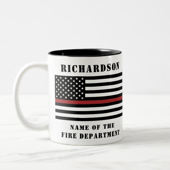 Custom Firefighter Thin Red Line Fire Department Two-Tone Coffee Mug (Left)