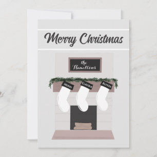 Custom Fireplace Mantle Family Stocking Holiday Card