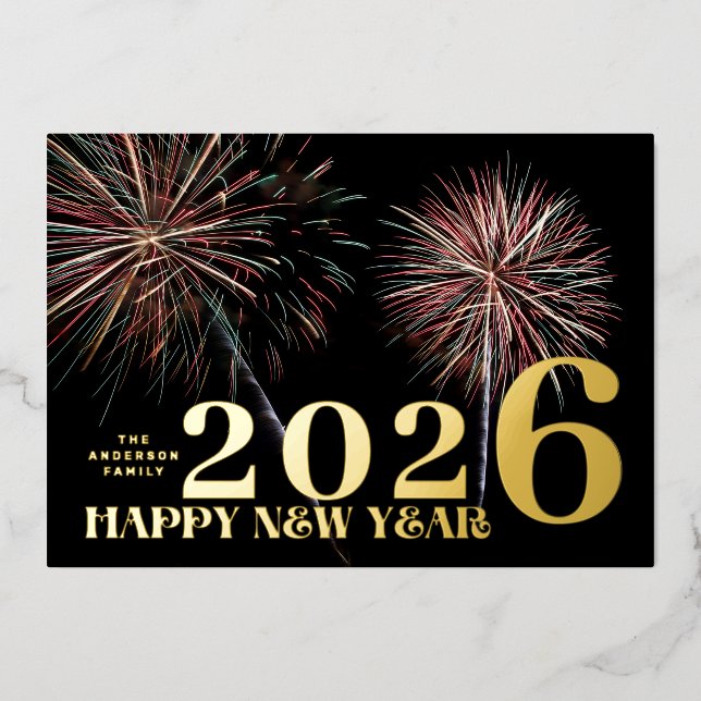 Custom Fireworks GOLD HAPPY NEW YEAR 2026 PHOTO Foil Holiday Card (Front)