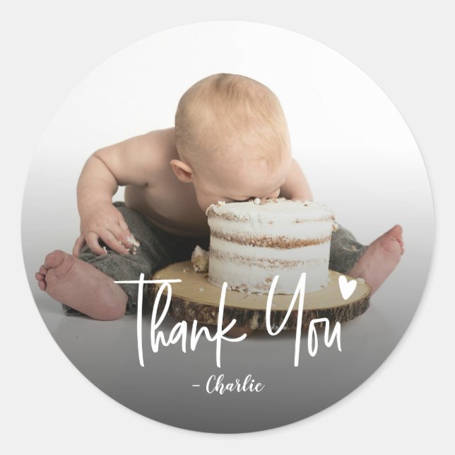 Custom First Birthday Photo Script Thank You Classic Round Sticker (Front)