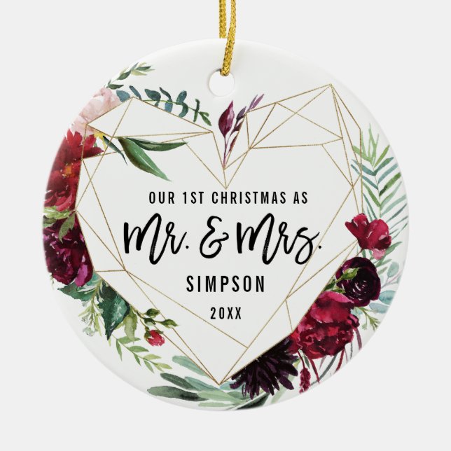 Custom First Christmas As Mr and Mrs | Floral Ceramic Ornament (Front)