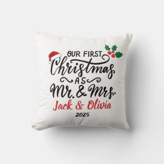 Custom First Christmas as Mr. & Mrs. Ornament Throw Pillow