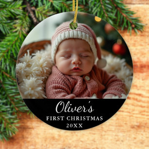 Custom First Christmas Baby Photo Black Ceramic Ornament