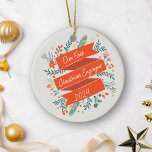 Custom First Christmas Engaged Festive Red 2024 Ceramic Ornament<br><div class="desc">Celebrate a memorable milestone with this elegant "Our First Christmas Engaged 2024" ornament. Featuring a beautifully designed floral wreath and a festive red banner, this ornament is the perfect keepsake to commemorate the special moment of your first Christmas as an engaged couple. The vibrant floral details combined with the holiday...</div>