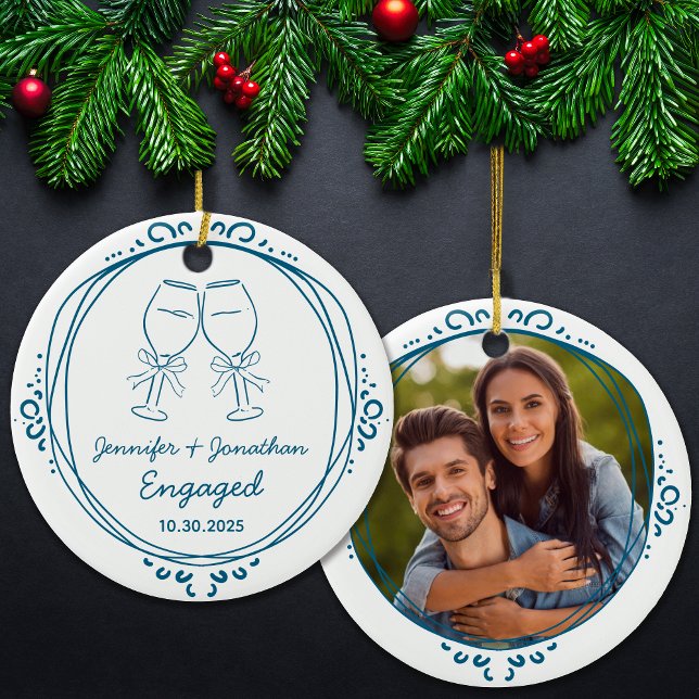 Custom First Christmas Engaged Photo  Ceramic Ornament (Creator Uploaded)